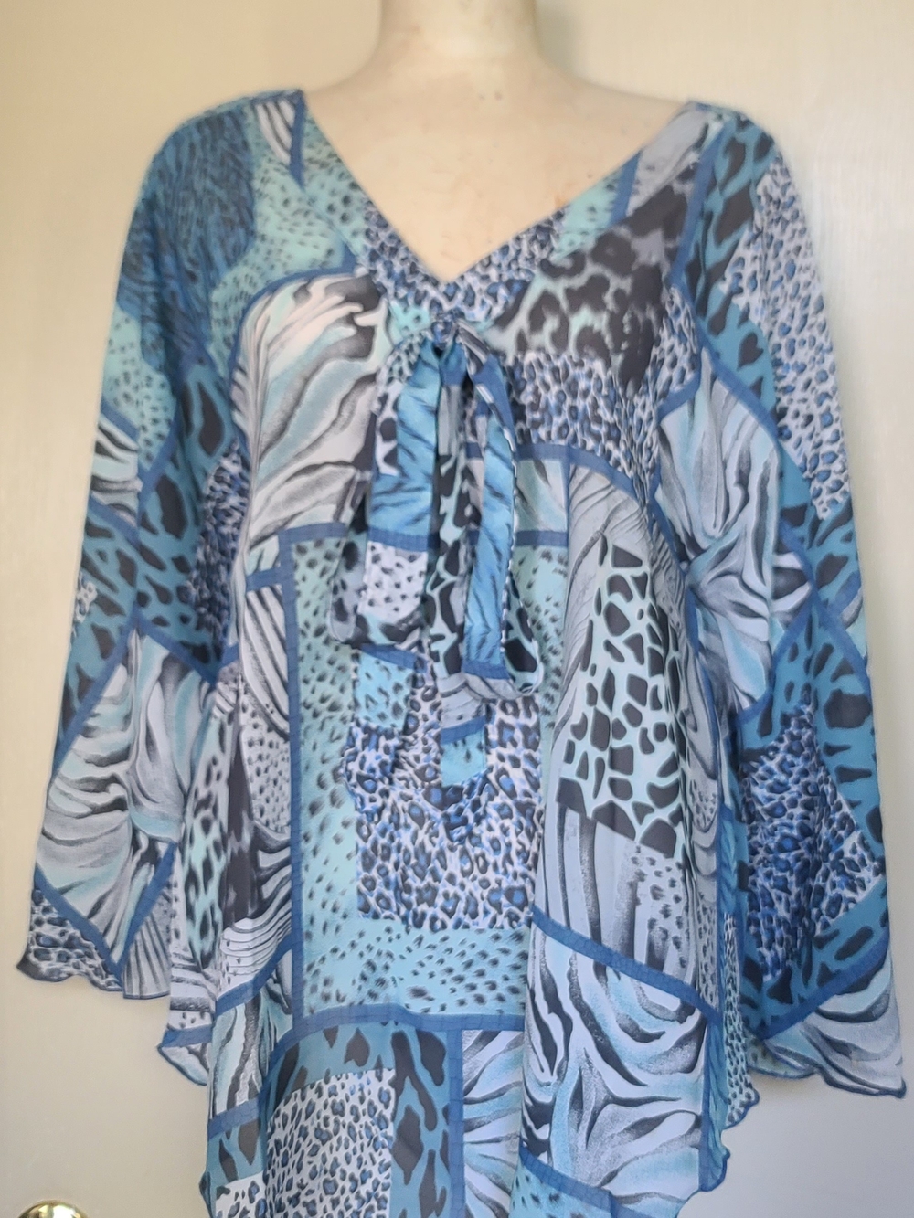 George Simonton Blue Multi-Print Tie-Front V-Neck Tunic